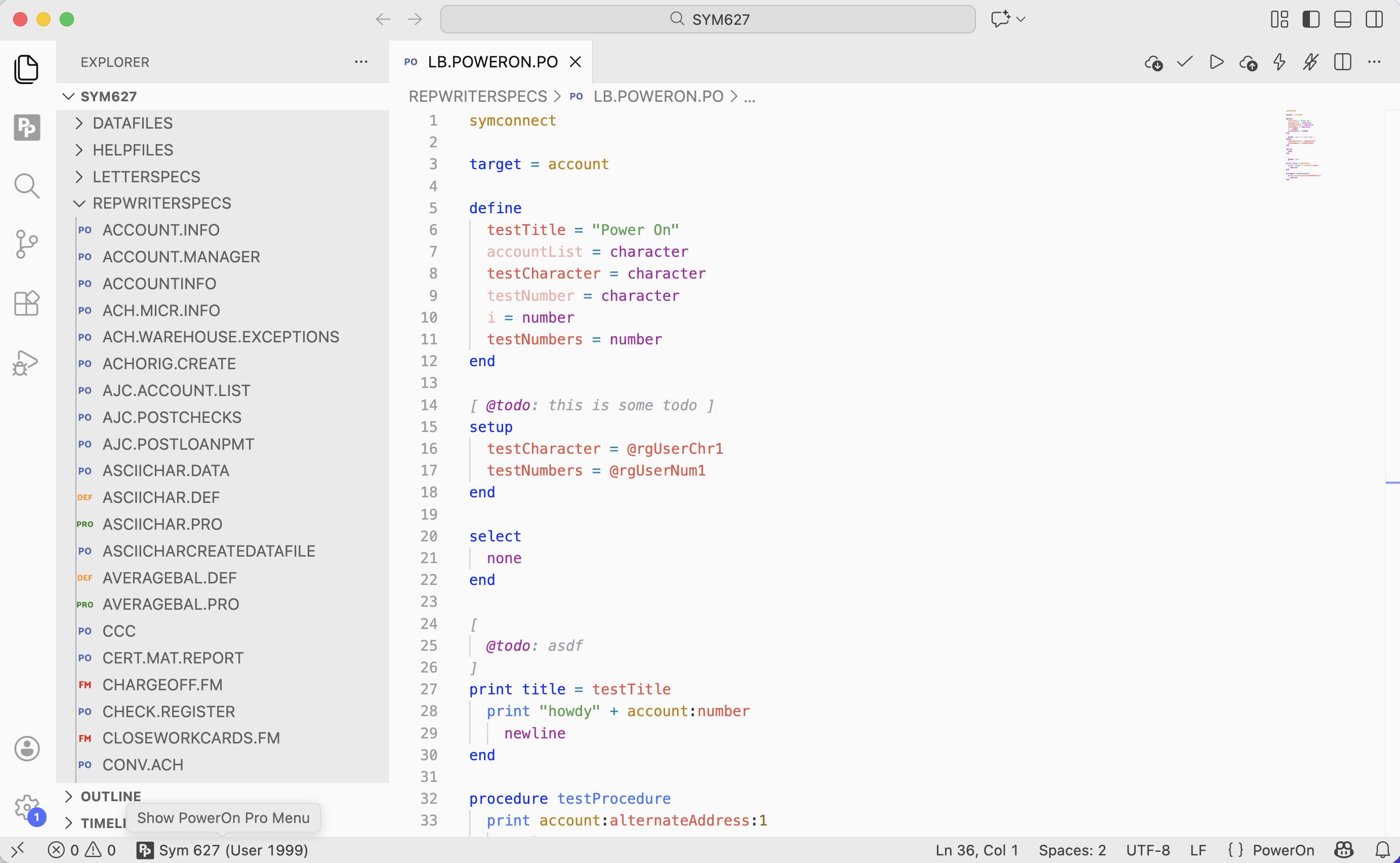 PowerOn Pro in Visual Studio Code with a PowerOn file open